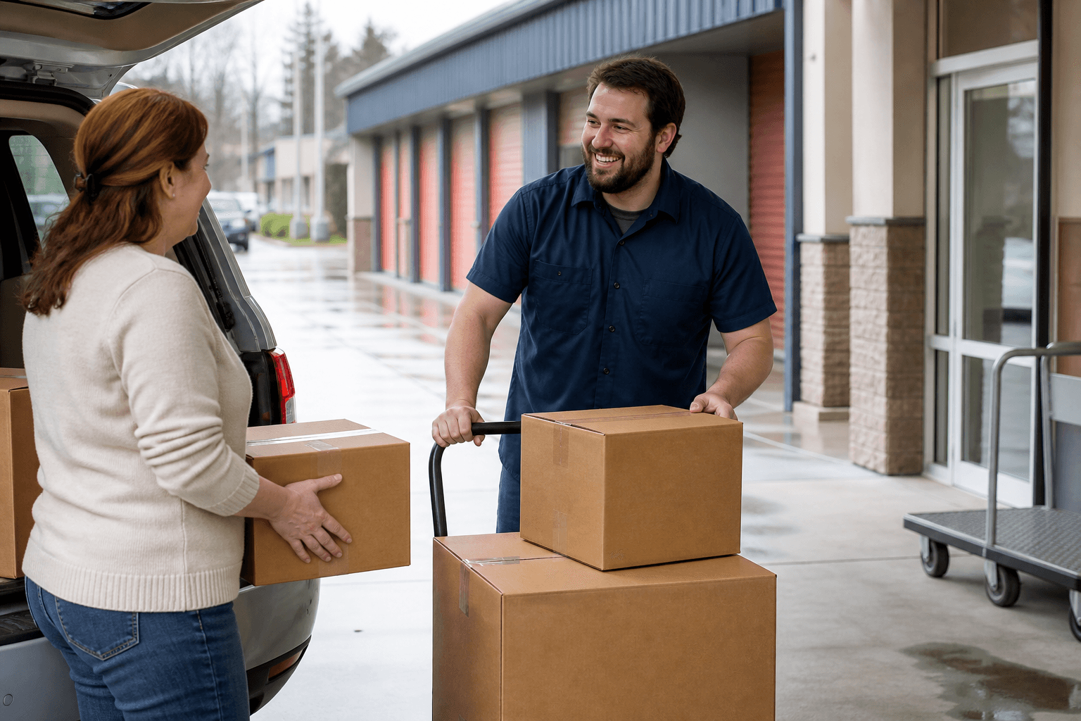 Cornerkeep team member helping a customer inside a clean storage facility