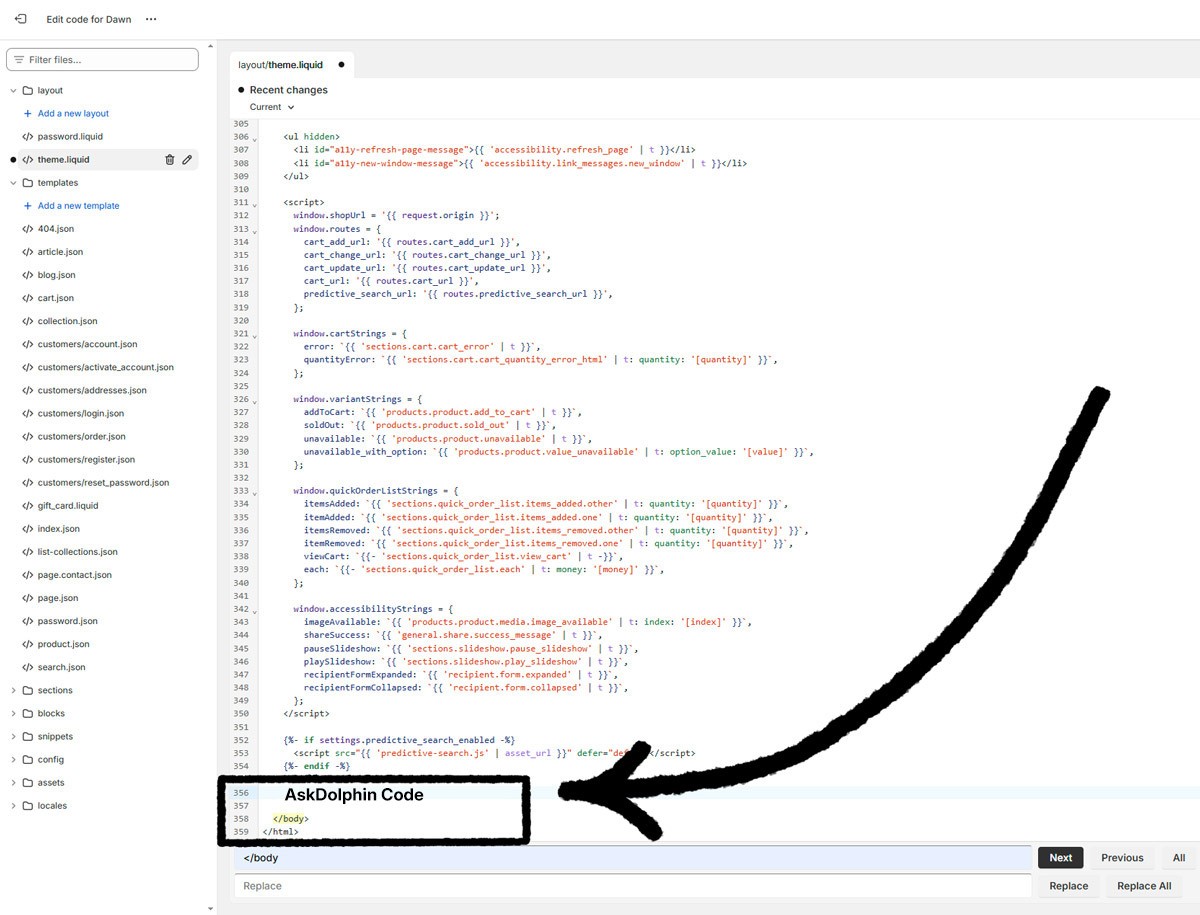 Shopify theme.liquid file opened in the code editor with an arrow pointing to the </body> section where the AskDolphin script should be removed.