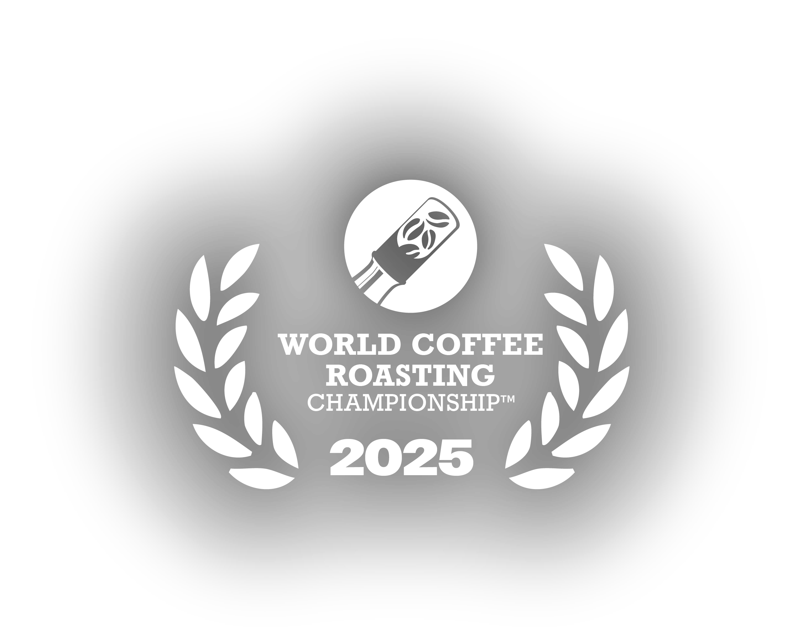 White with laurel wreath and text saying 2025 WCC World Coffee Championswith a black drop shadow on backgroun so that it contrasts with the vdeo in the background