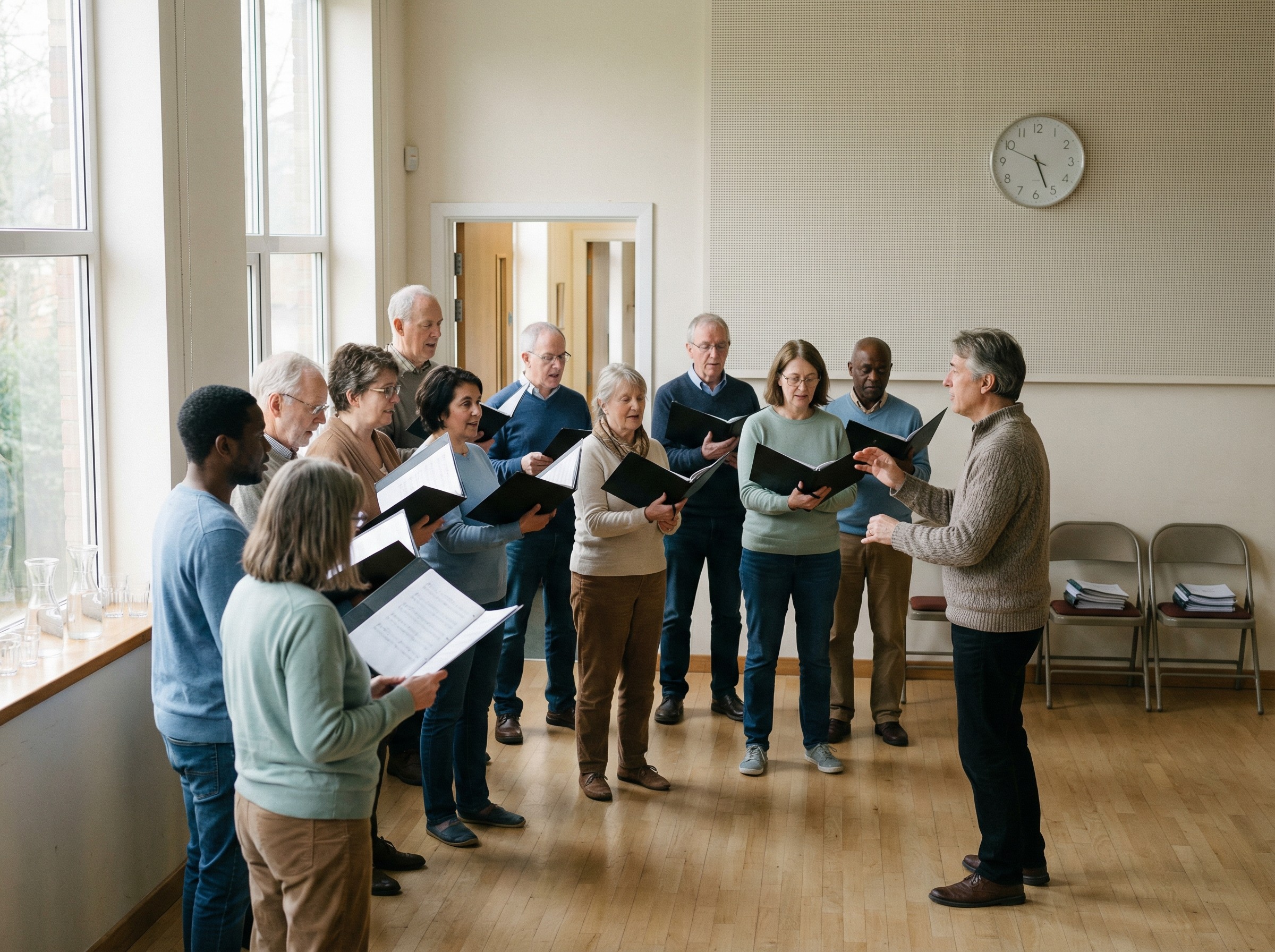Ein Kirchenchor probt im Gruppenraum, die Stimmen füllen den Raum. Notenhefte liegen auf Stühlen, eine Dirigentin gibt den Einsatz. Am Fenster stehen Wasserkaraffen, eine Uhr zeigt kurz vor dem Abendgottesdienst. Die Atmosphäre wirkt konzentriert und freundlich.