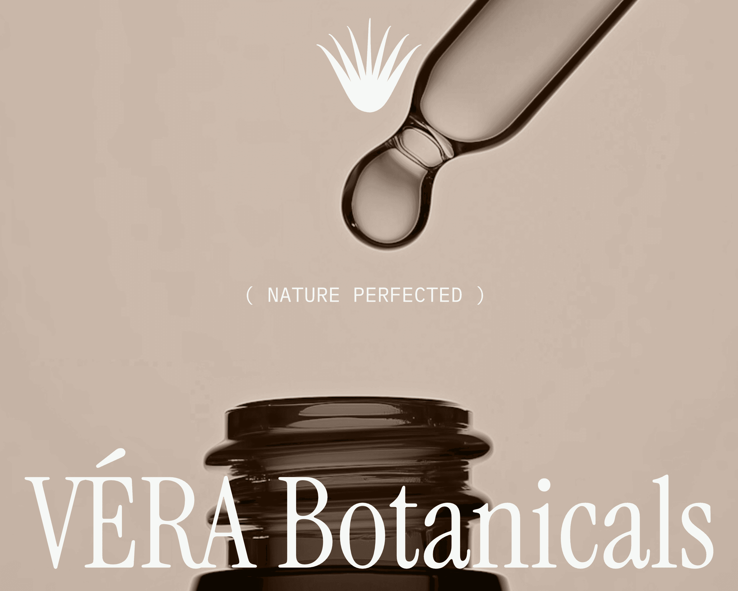 A closeup shot of a brown skincare dropper. The VÉRA Botanicals logo design is featured with the words "( NATURE PERFECTED )"