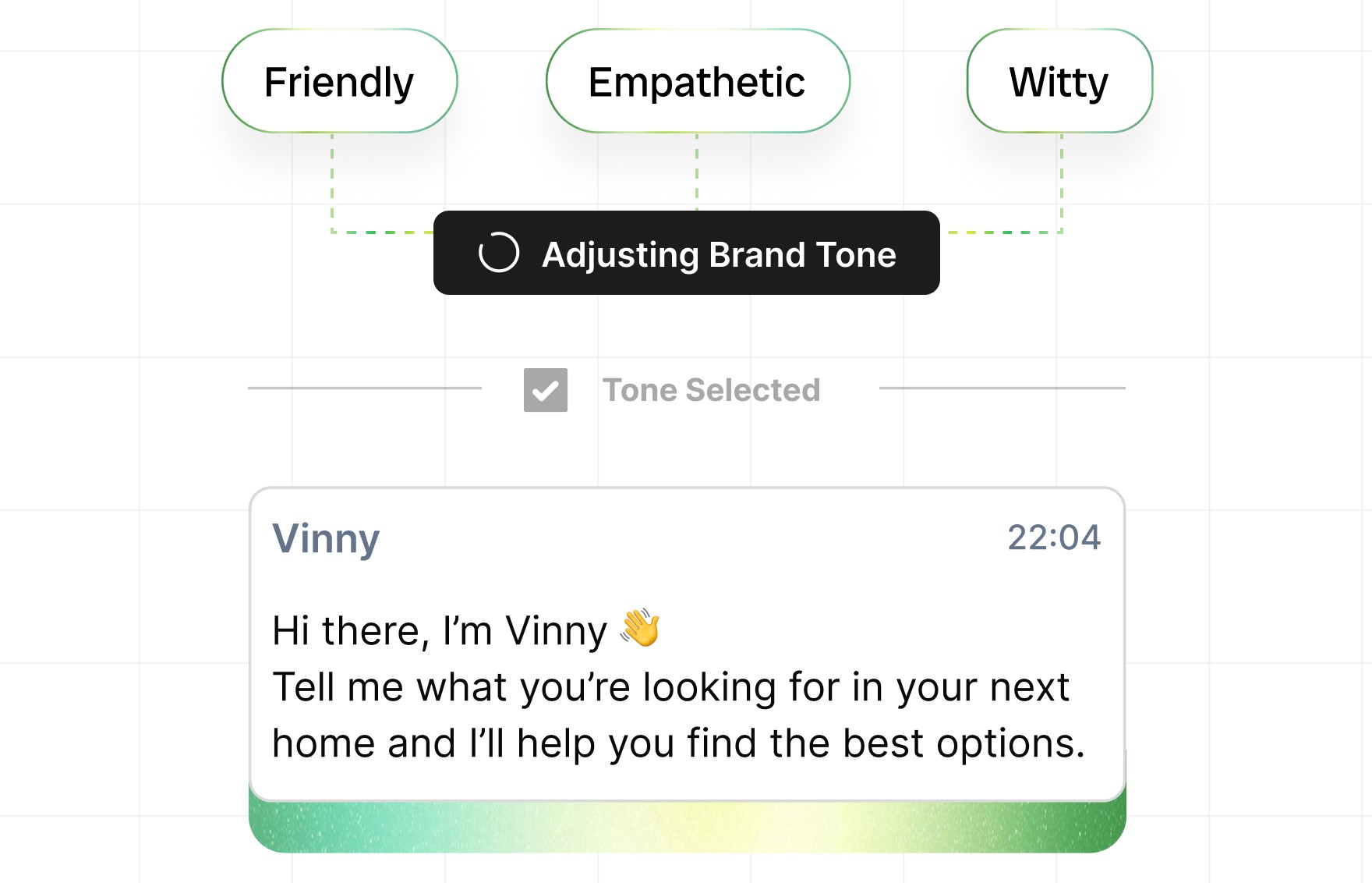 Interface showing tone options ‘Friendly,’ ‘Empathetic,’ and ‘Witty’ connecting to a loading bar labeled ‘Adjusting Brand Tone.’ Below, a sample Vinny message reads: ‘Hi there, I'm Vinny 👋 Tell me what you're looking for in your next home and I’ll help you find the best options.