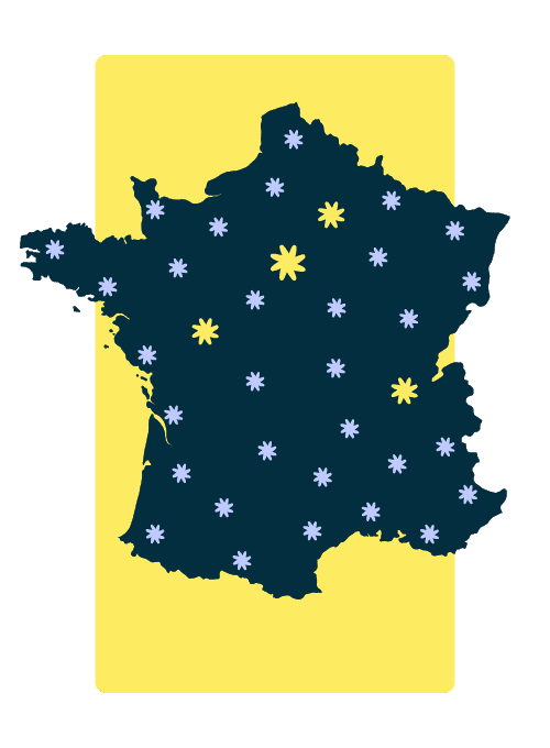 Carte de la france qui montre le reseau de franchise Solarock ainsi que toutes ses agences photovoltaïques locales