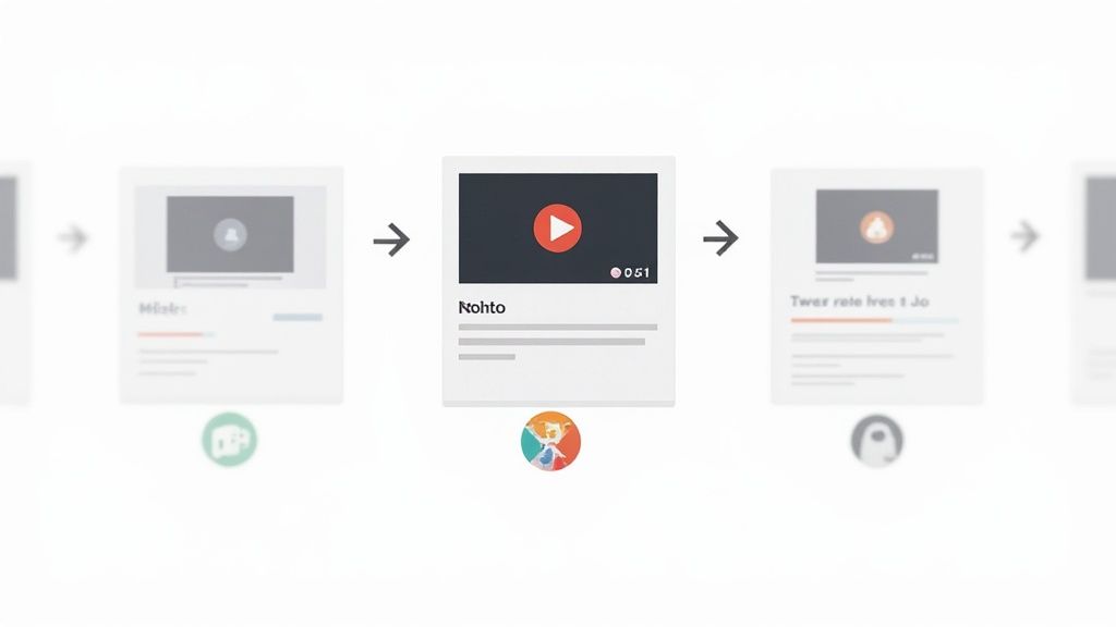 Workflow diagram showing video transcription process from upload to text conversion with play button interface