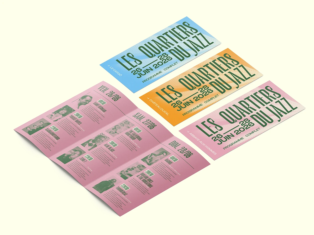 Les programmes dépliants 3 volets des différentes scènes du festival Les Quartiers du Jazz