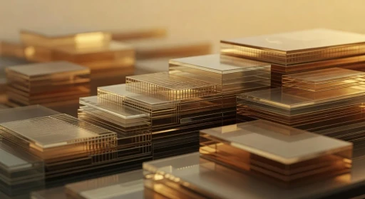 Stacked transparent glass plates creating a geometric architectural structure - Energy State focus and clarity visual