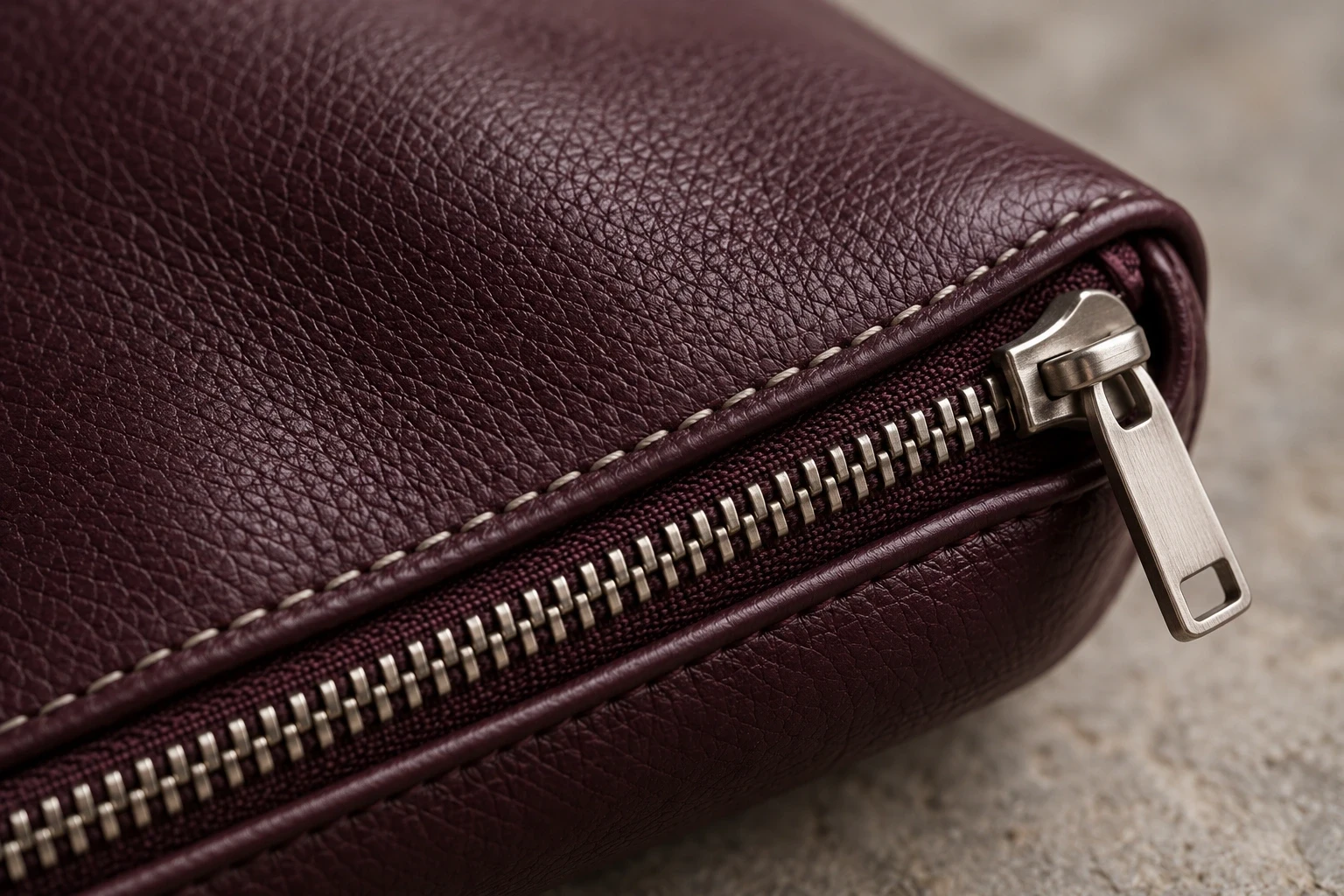 Close view ofaubergine leather,stitching andsilverzipperhardware