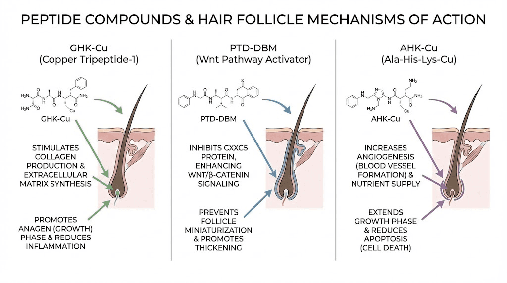 Hair growth peptides GHK-Cu PTD-DBM and AHK-Cu mechanism comparison
