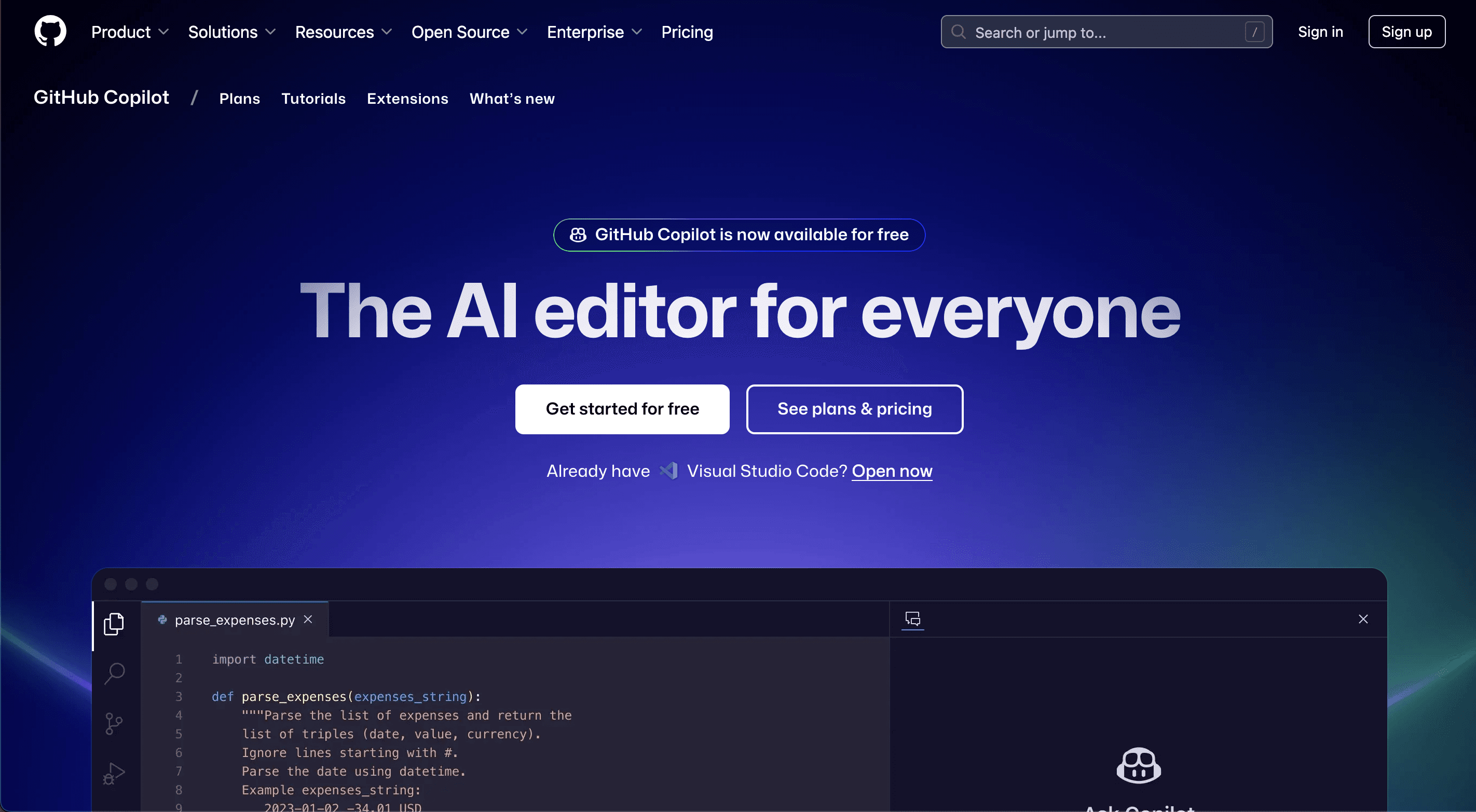 github copilot wesbite screenshot