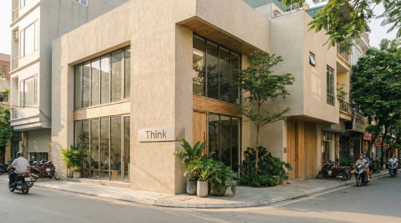 A modern, beige corner building with large windows and a sign reading "Think," surrounded by plants and trees. Motorcycles are parked nearby, with a relaxed, urban vibe.