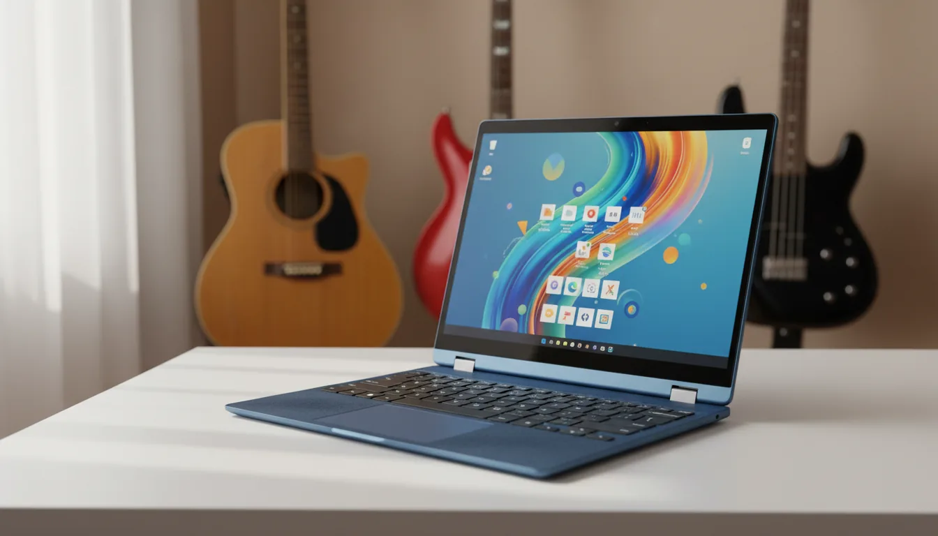 DSLR product photograph of a sleek, blue 2-in-1 laptop with a matching fabric keyboard, propped open on a white table. The screen displays a colorful abstract wallpaper with UI elements and icons. The scene is lit by soft natural daylight from the side. In the background, a collection of guitars, including an acoustic and an electric guitar, are visible with a shallow depth of field, creating a soft bokeh effect. Sharp focus on the computer.