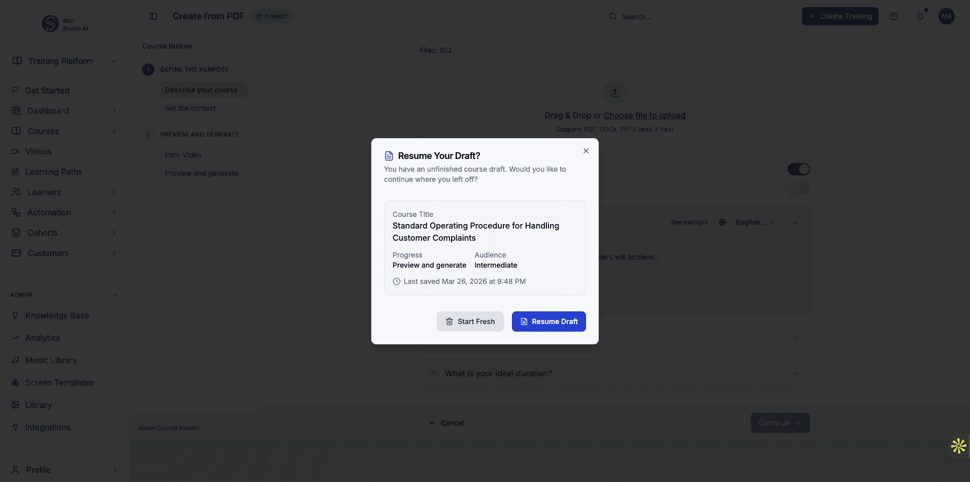 Click Start Fresh to build your course without using a previous draft.