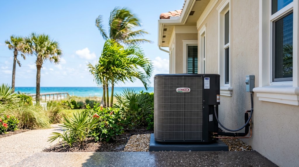 Outdoor AC condenser unit installed near a coastal Palm Beach County home