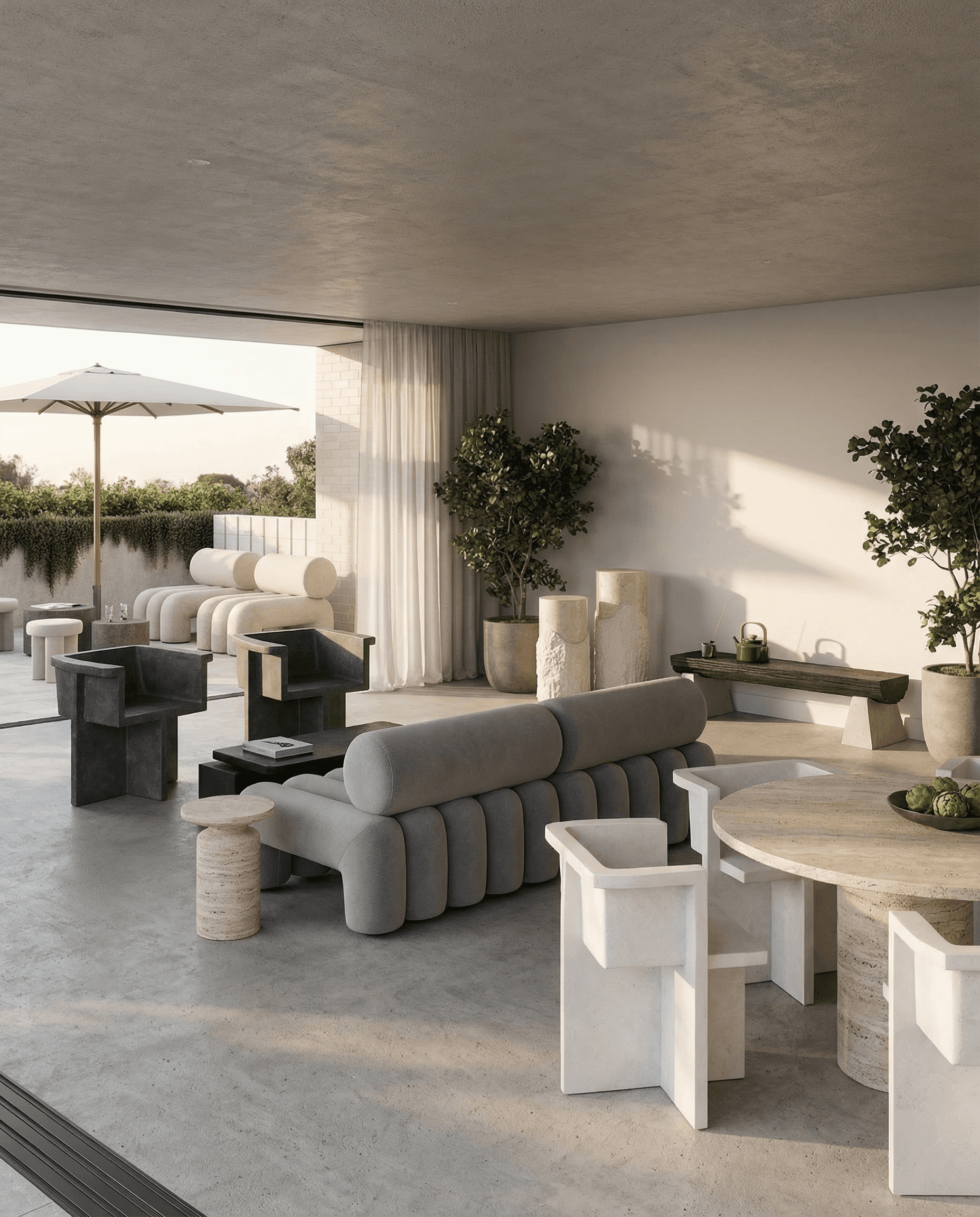 Golden hour architectural courtyard with terracotta walls, overhead beams, and planted walkways lined with trees.