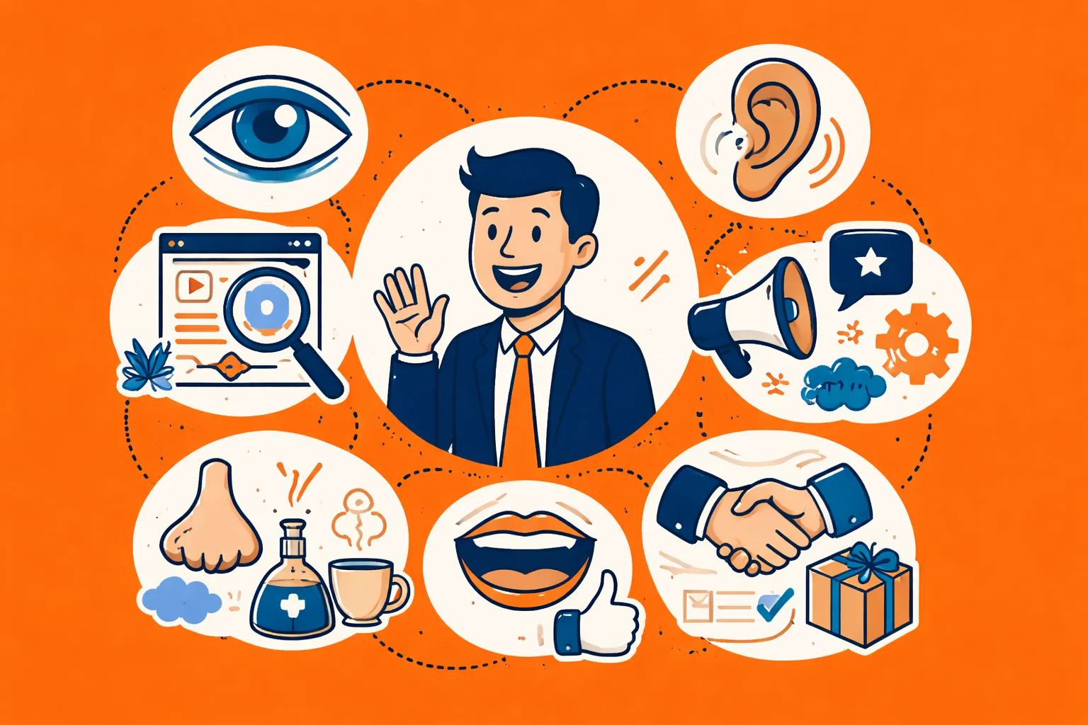 illustration-of-businessman-surrounded-by-icons-for-sight-sound-smell-taste-touch-representing-multisensory-marketing-experience-design