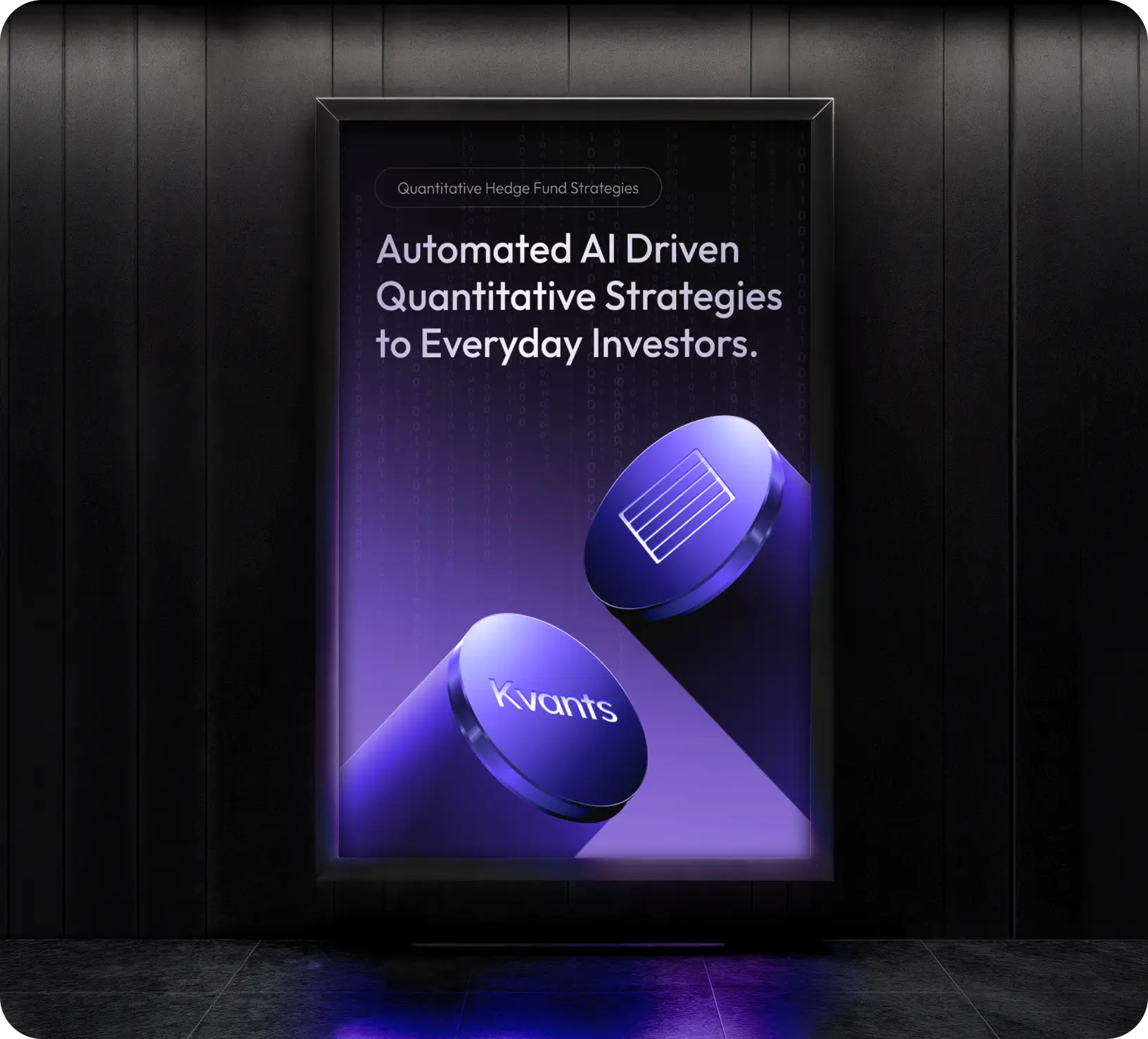 A bilboard on a wall in a dark environment showing a purple graphic