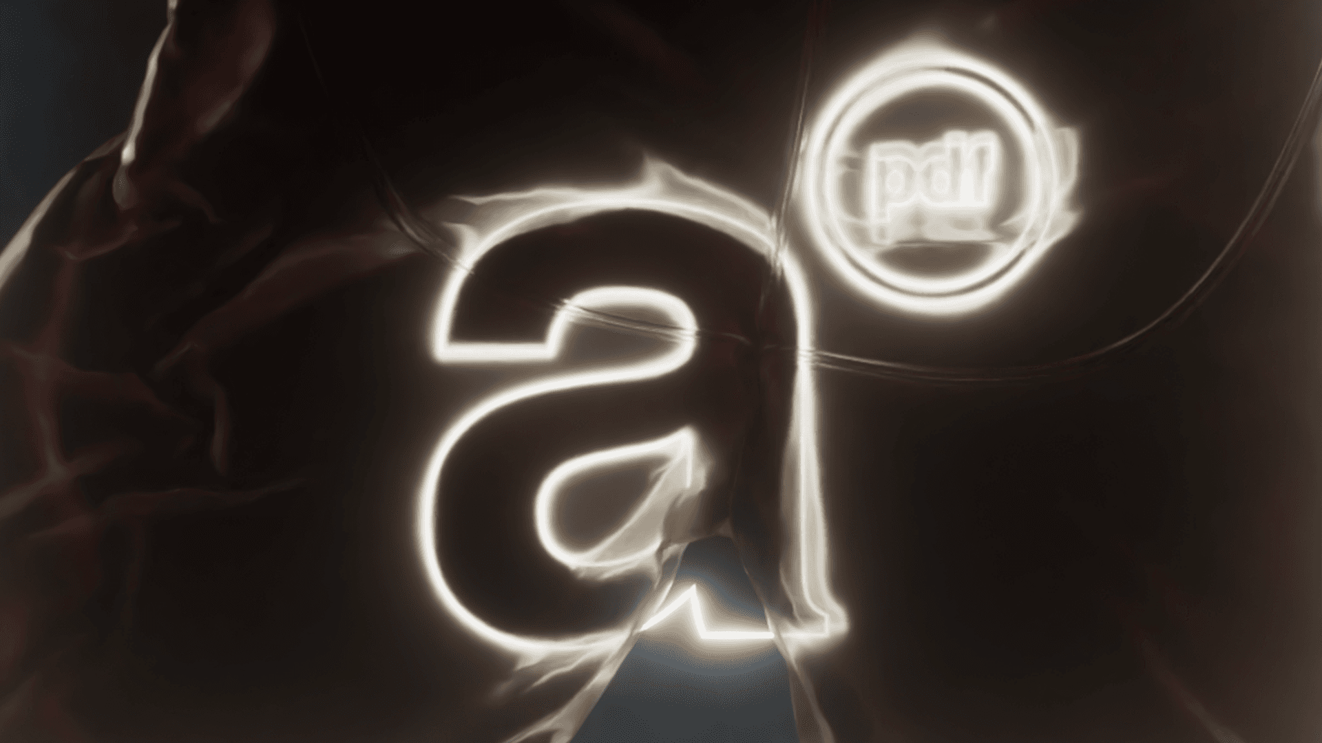 Archive PDF glowing neon logo animation showing the letter A and pdf badge rendered as light trails against a dark dramatic background
