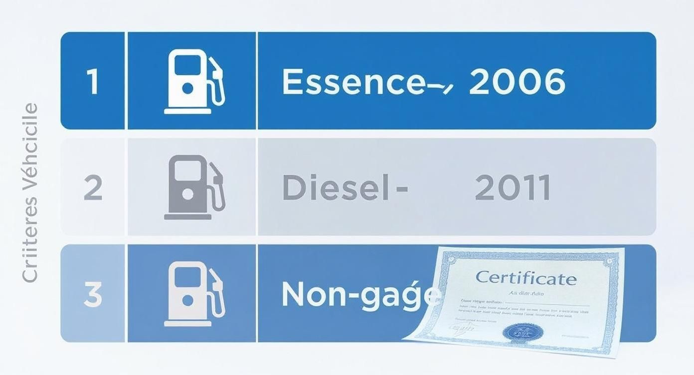 Infographie présentant les critères de véhicules: Essence 2006, Diesel 2011 et une condition de véhicule non-gagé avec un certificat.
