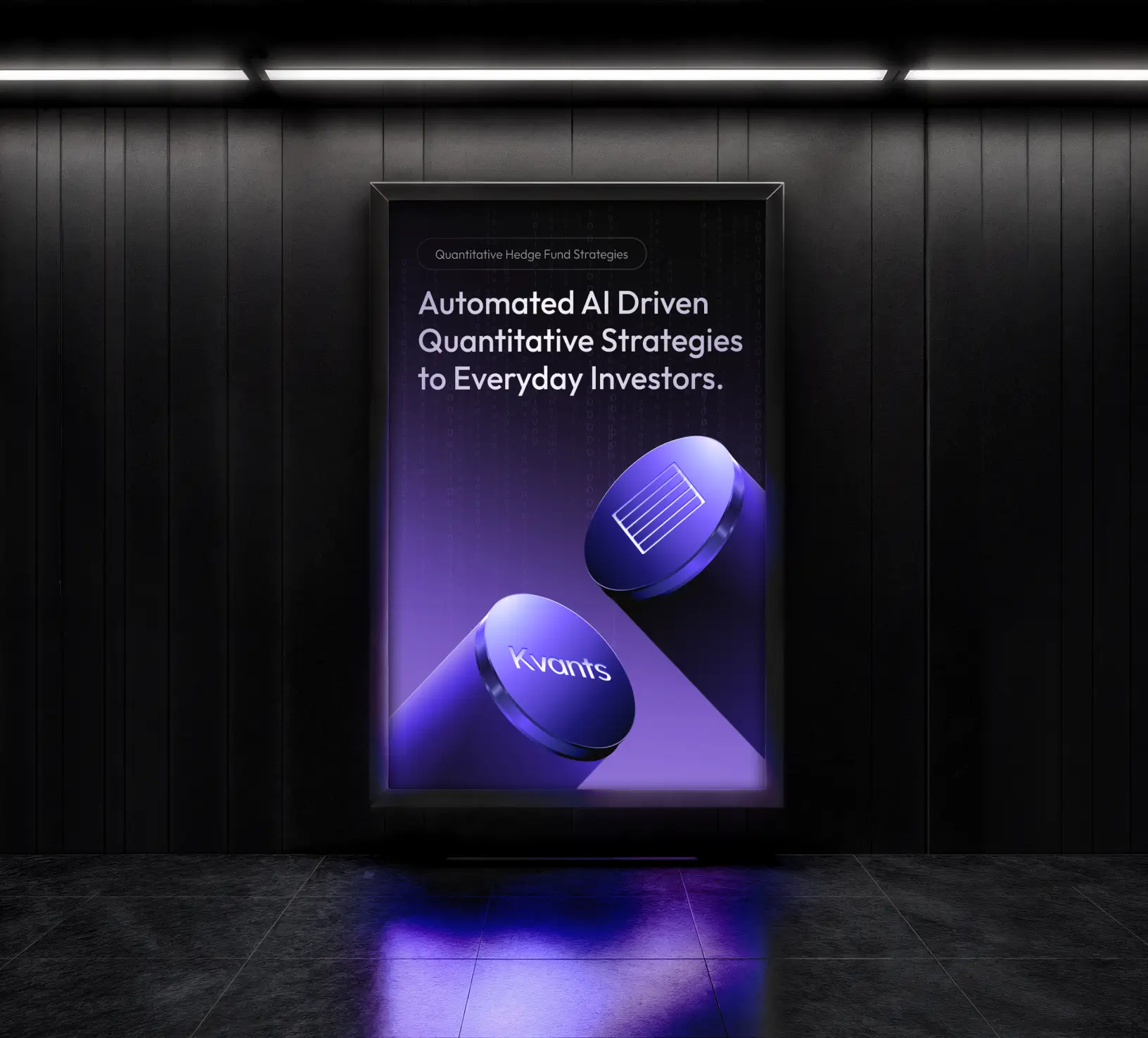 A bilboard on a wall in a dark environment showing a purple graphic