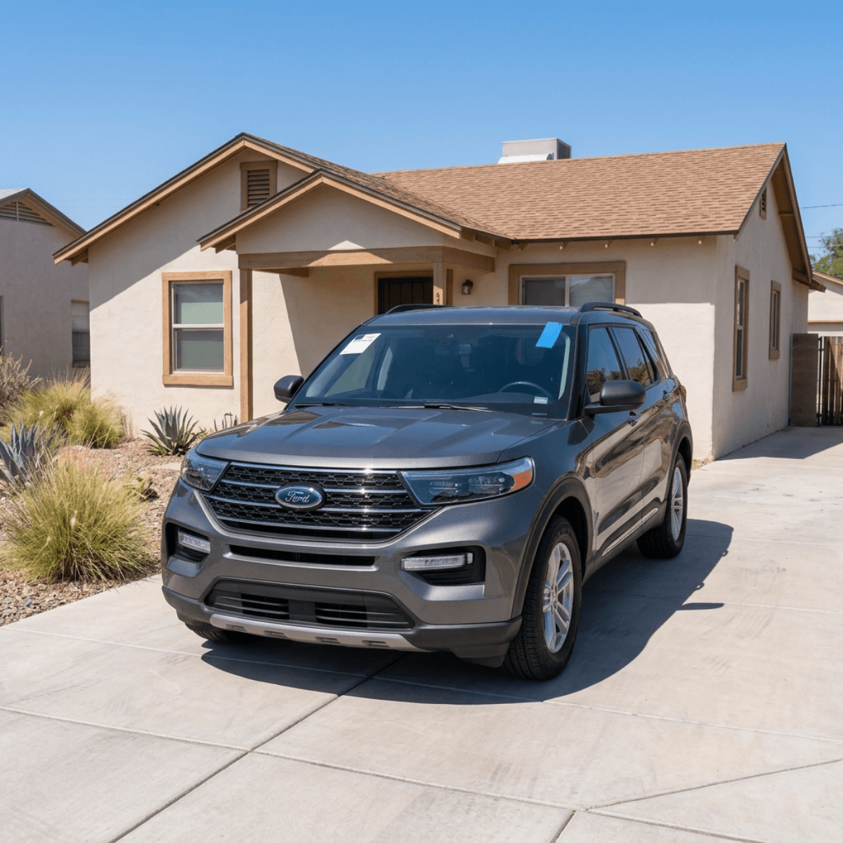 Gray Ford Explorer pulling into a San Luis home driveway after Bang AutoGlass completed a windshield service