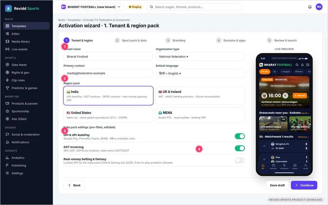 Revidd Sports CMS activation wizard with the India region pack