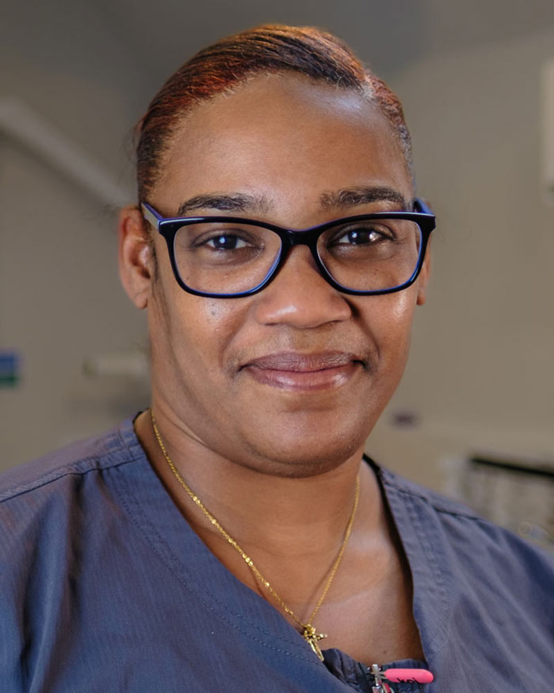 A portrait of Luan, a Dental Nurse at Cricklade Dental Practice, smiling and wearing black-framed glasses and a dark grey scrub top with a pink zipper pull. The top features yellow embroidered text that reads "Cricklade Dental Practice" on the right. She is wearing a gold necklace and is standing in a dental surgery with equipment visible in the background.