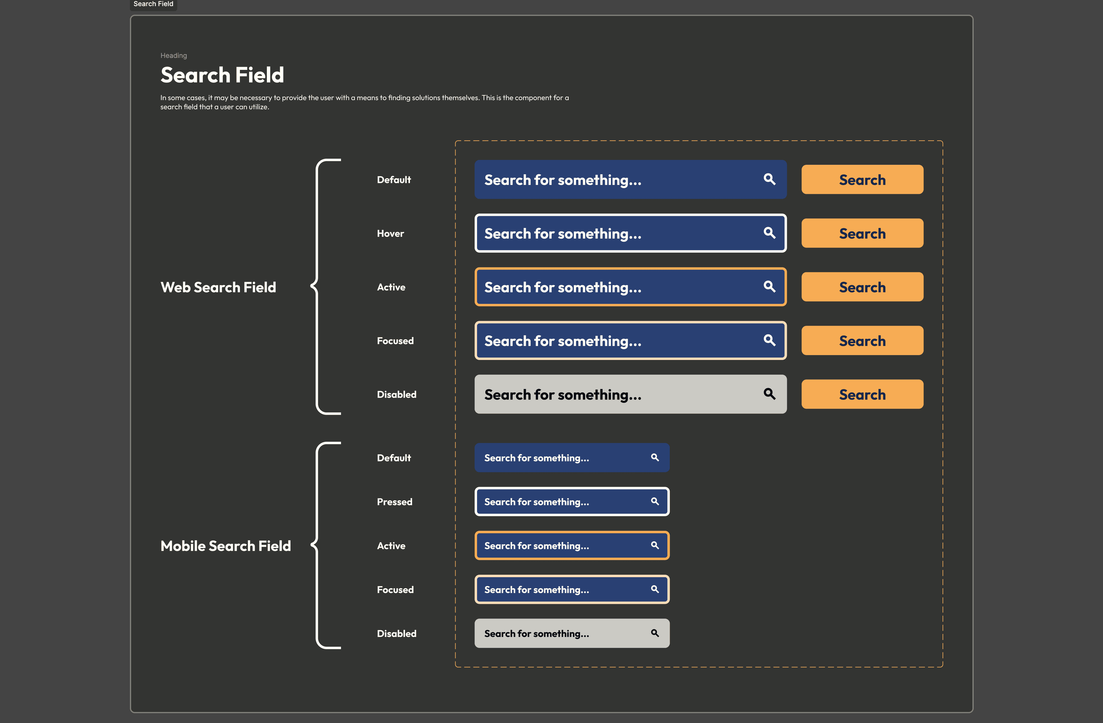 Design system page for search field components.