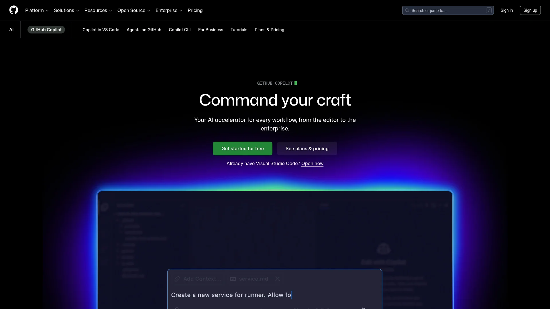 GitHub Copilot homepage showing AI-powered code suggestions and command your craft tagline