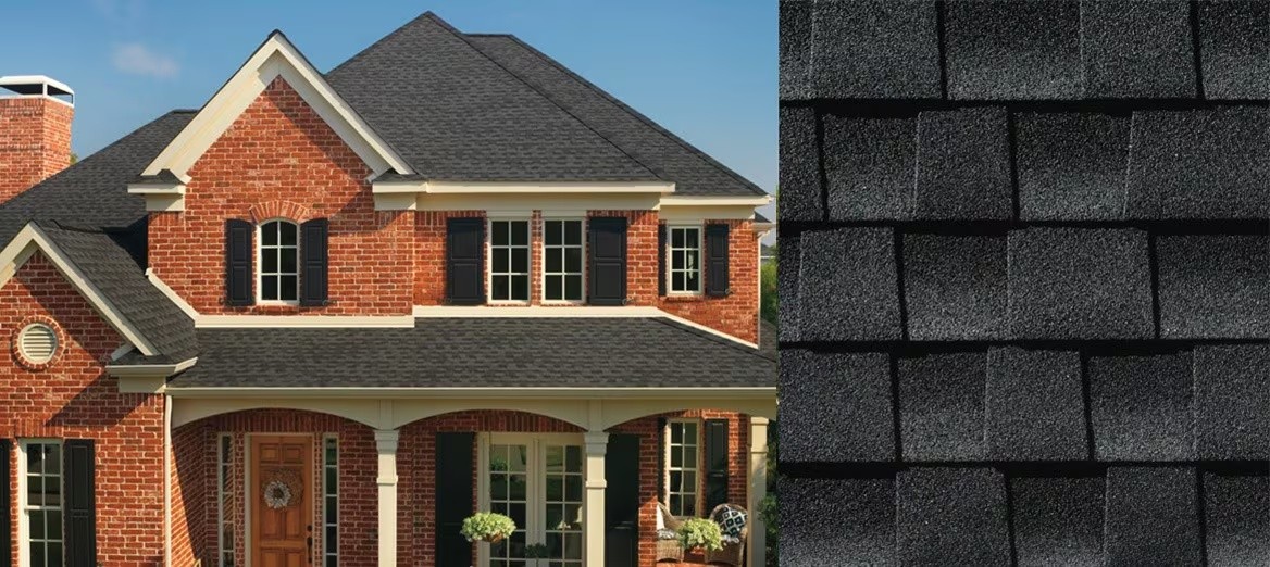 GAF manufacturer photograph of Timberline AS II shingles in Charcoal.
