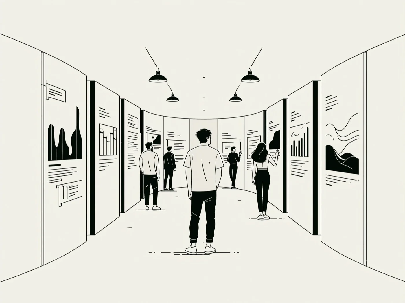 Line illustration of people walking through a gallery of framed charts and reports
