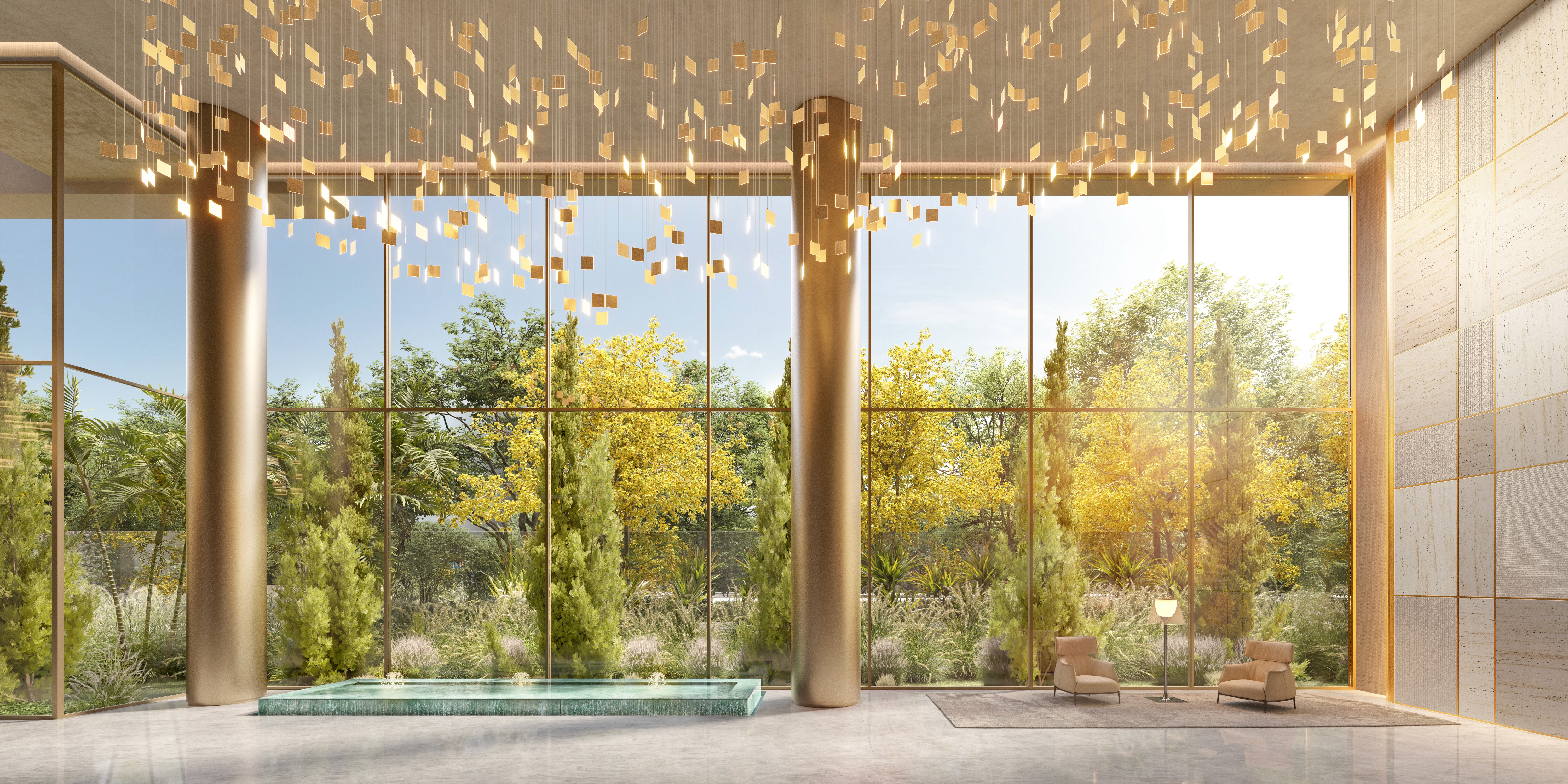 Curved modern skyscraper against a clear blue sky.