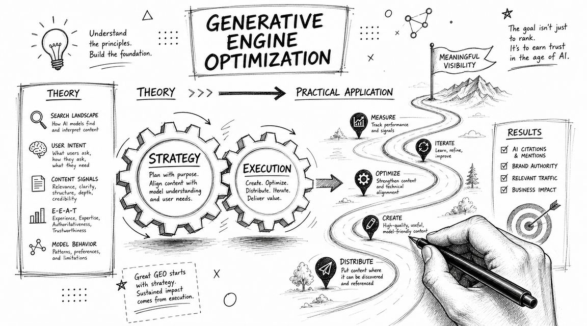 A diagram illustrating Generative Engine Optimization strategies, moving from theory to practical application and business results.