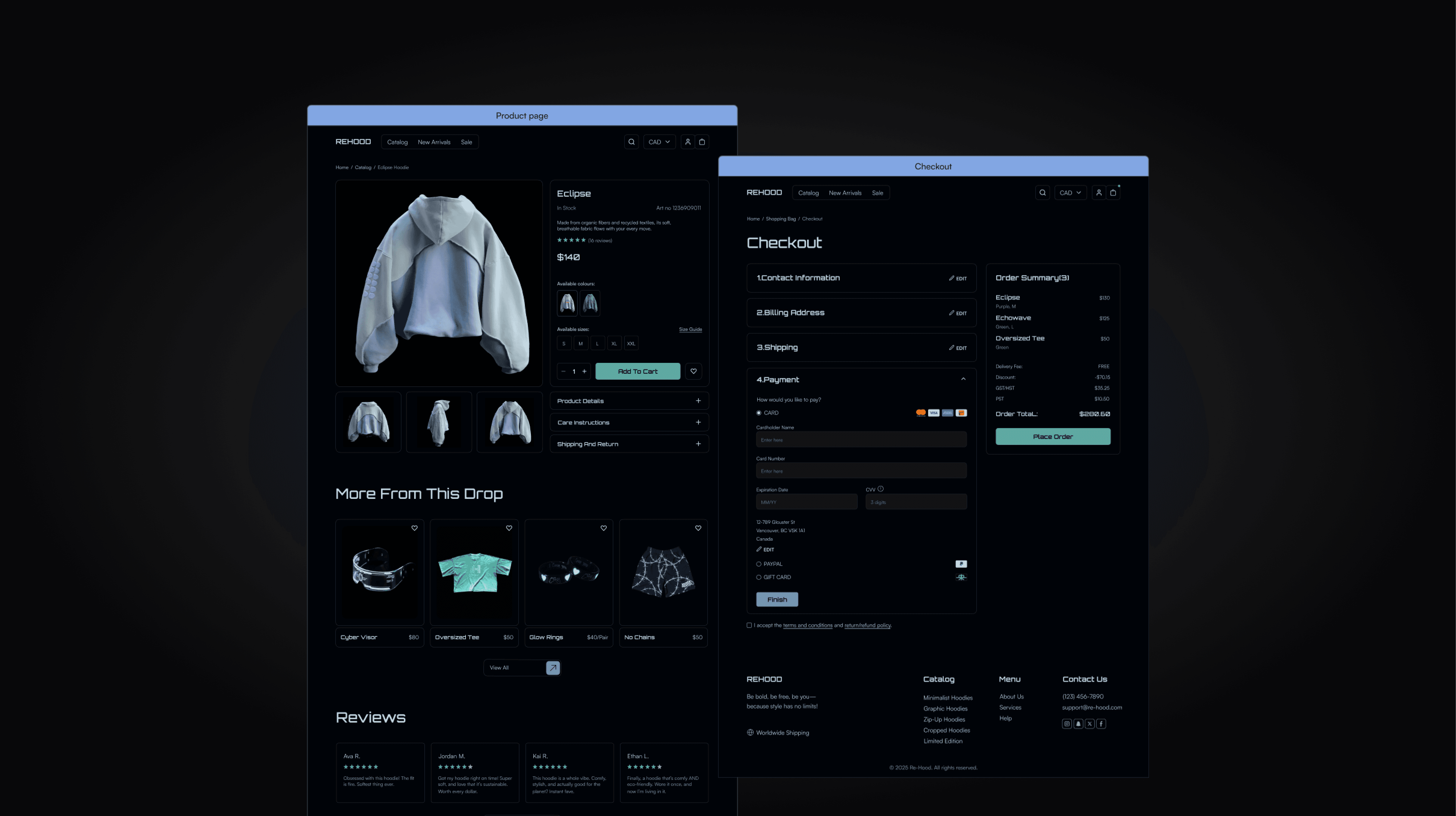 Eco-fashion website product detail page and shopping cart interface on desktop with clear pricing and checkout options.