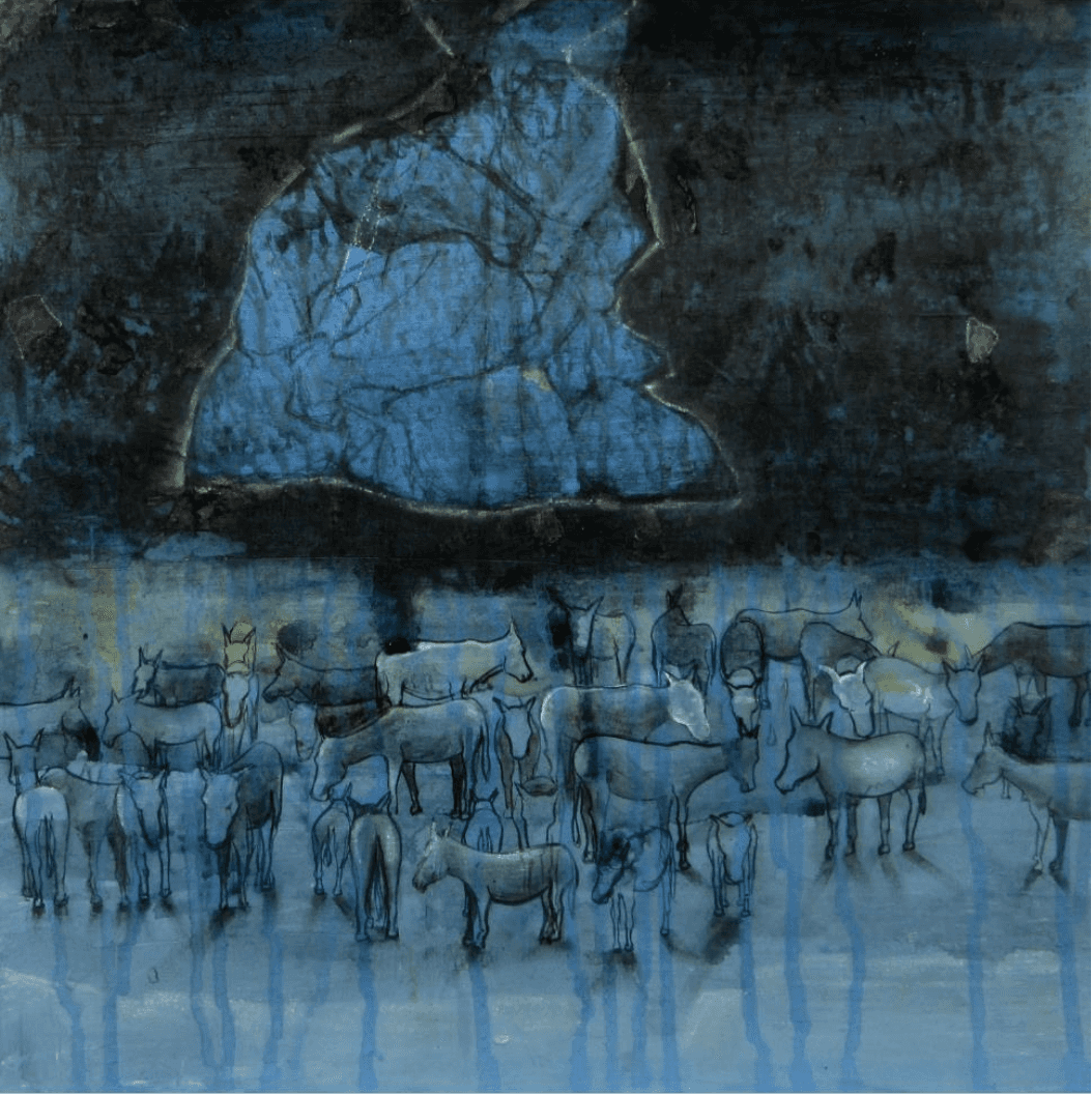 herd of sheep on road painting