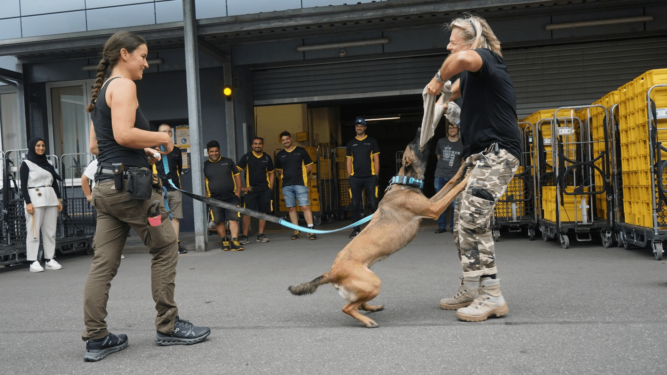 Marcel Combé und Nastasja Garcia bei einer Schulung für Risikogruppen. Ein Trainingshund greift Marcel an.