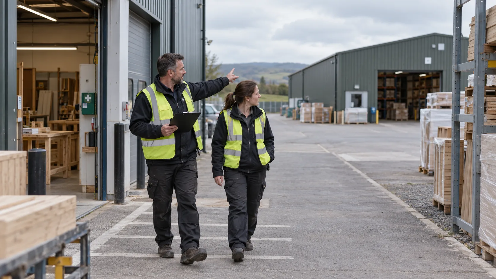 Two colleagues on a pedestrian route between a furniture workshop and a separate warehouse, discussing access across the site.