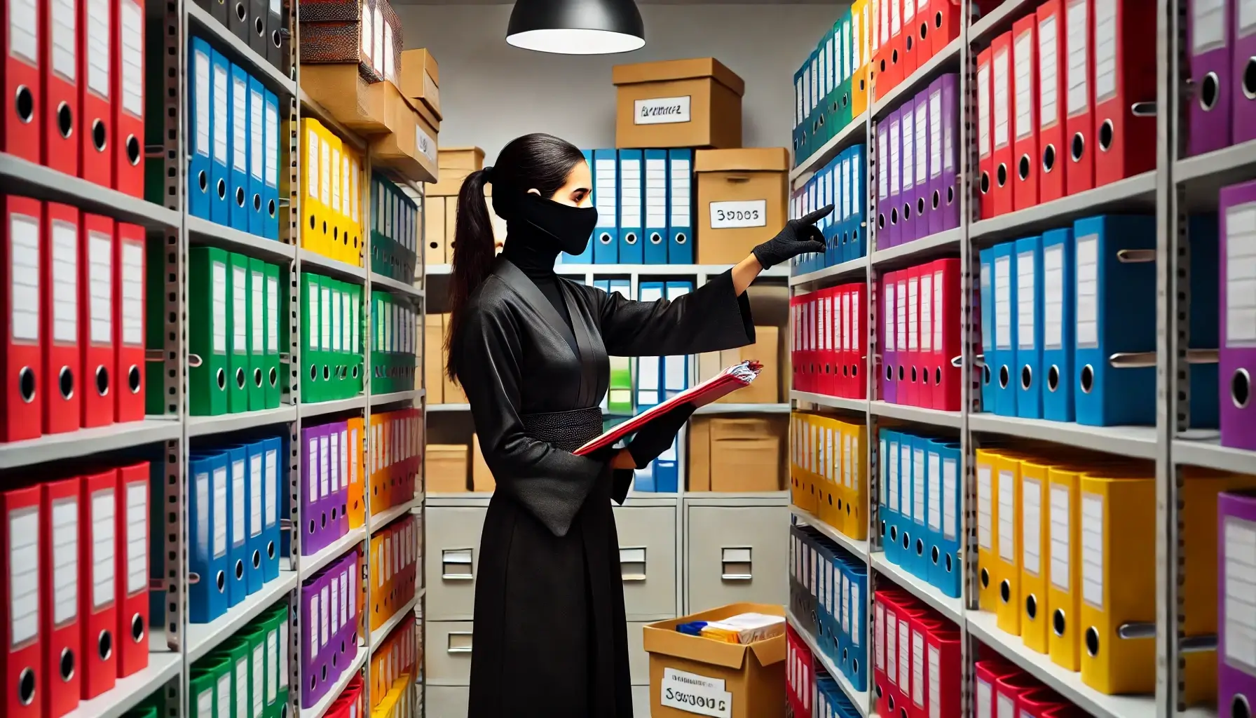 una ninja clasificando en un archivo diferentes tipos de oposiciones