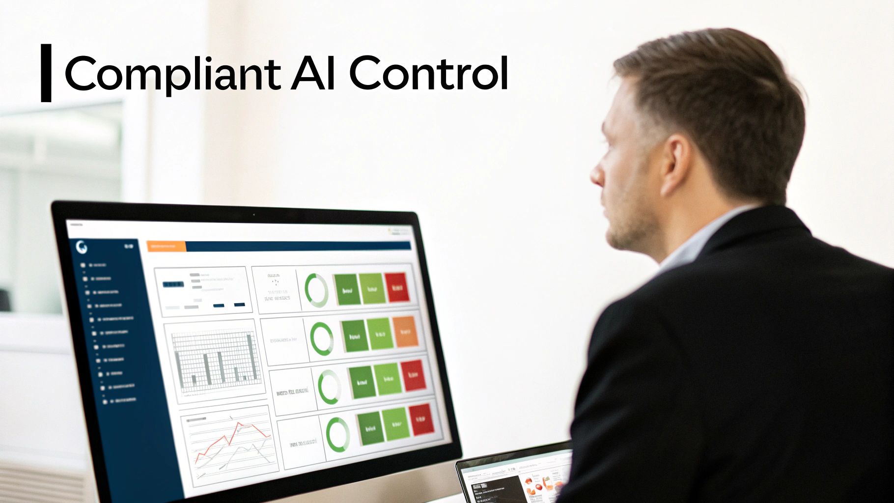 A man reviews a computer monitor displaying a dashboard for Compliant AI Control with data.