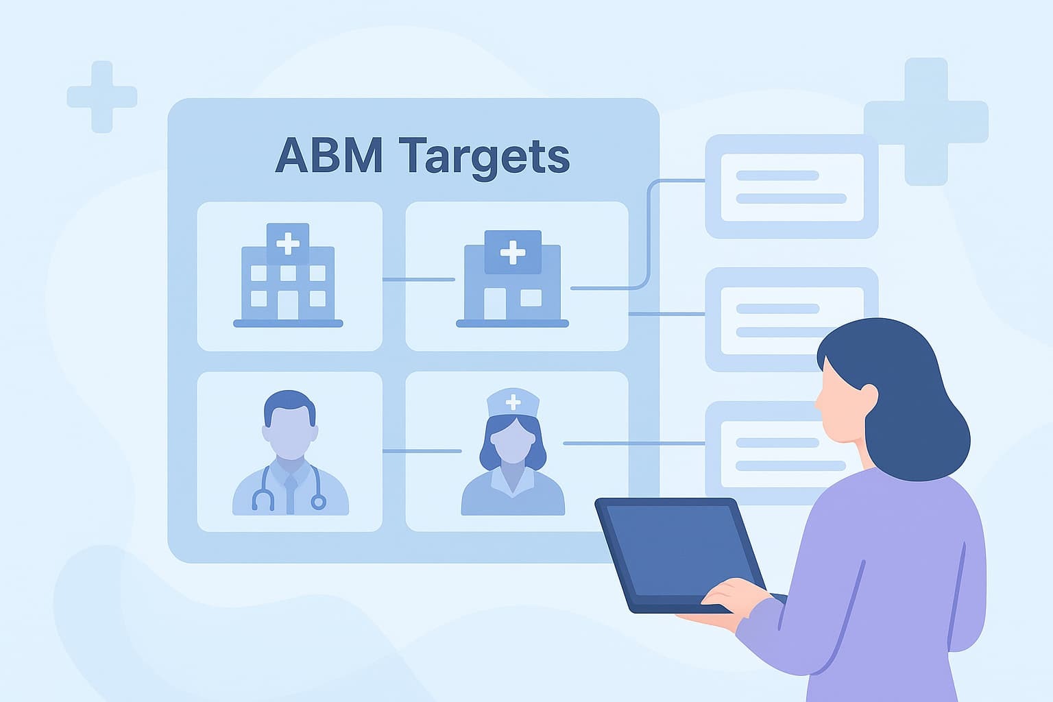 “Illustration depicting lead generation strategies for the SaaS industry, featuring a sales funnel, user profiles, and healthcare-related iconography”.