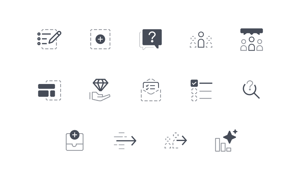 Lista extensa com alguns pictogramas (ícones mais detalhados) como ajuda, criar do zero, resultado não encontrado etc