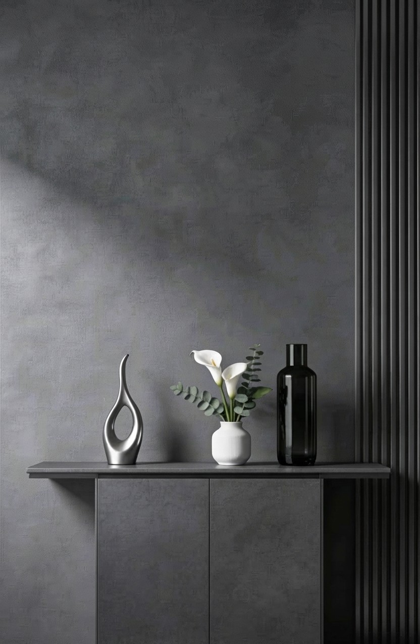 A vertical interior design shot featuring a dark gray textured plaster wall and matching console table.
