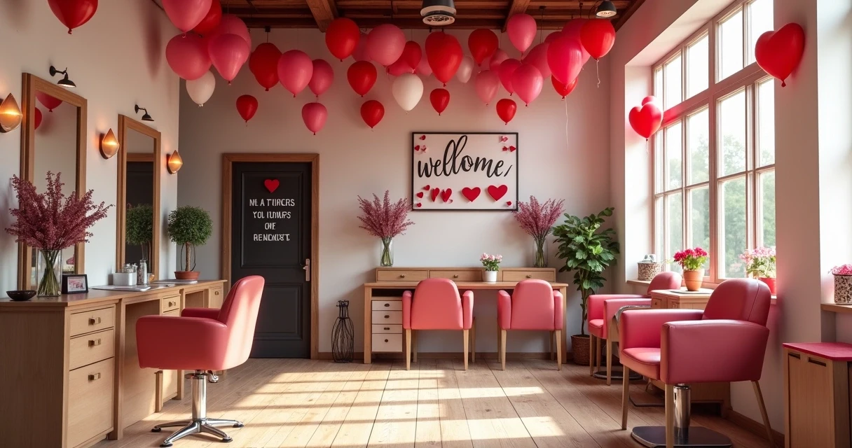 Decoração romântica no salão de beleza com balões vermelhos e flores