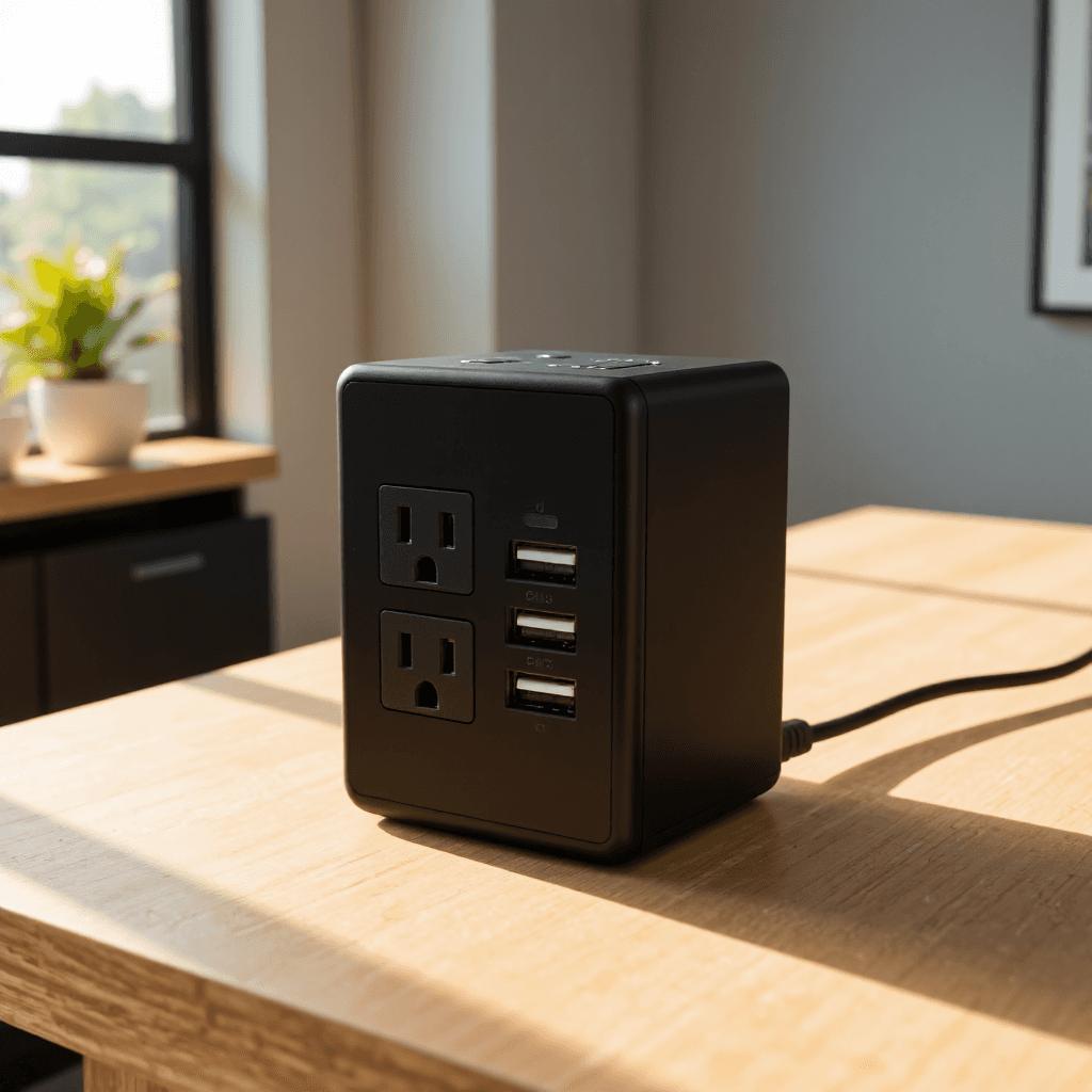 product photography of a power strip with multiple outlets and USB ports