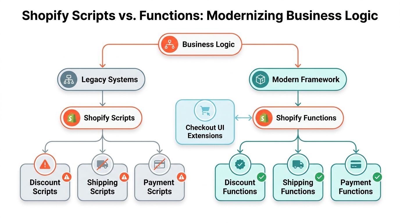 A diagram comparing Shopify Scripts and Shopify Functions for modernizing business logic in checkout systems.
