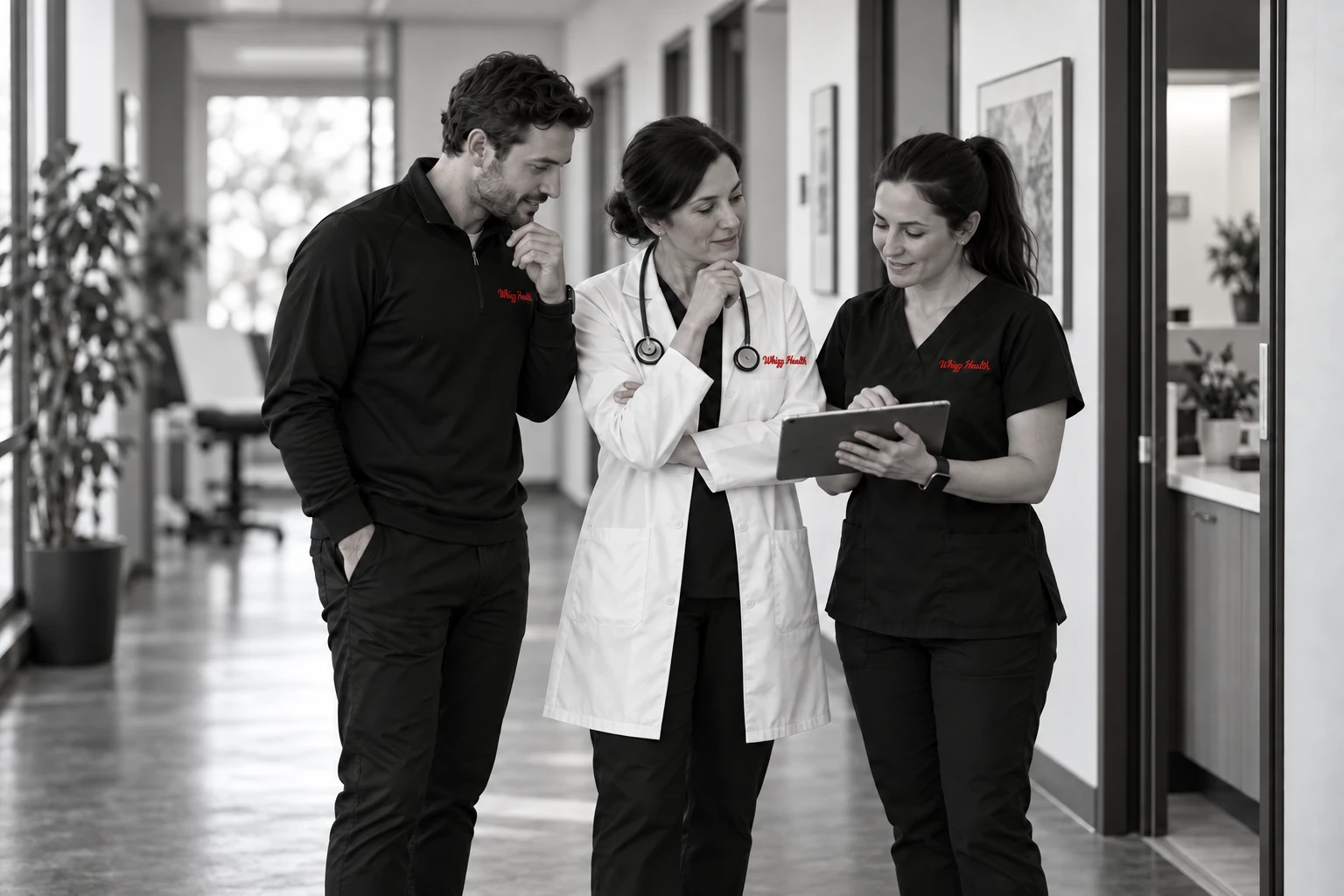 Physician, research coordinator, and Whizz Health team member in a hallway huddle