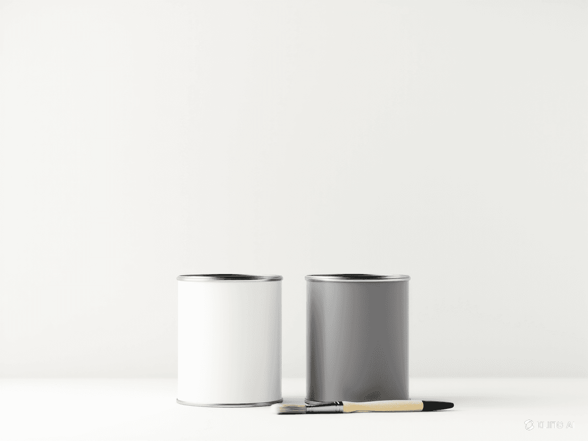 Two paint cans with subtly different shades of grey and a paintbrush, illustrating the grey vs. gray spelling and color variation.