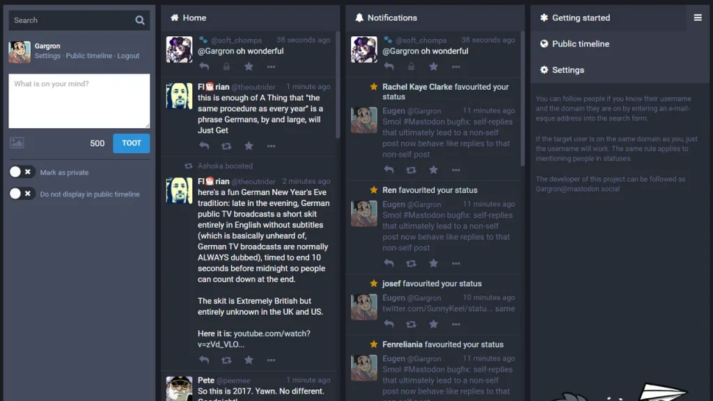 Mastodon web interface with home timeline, notifications and a compose field