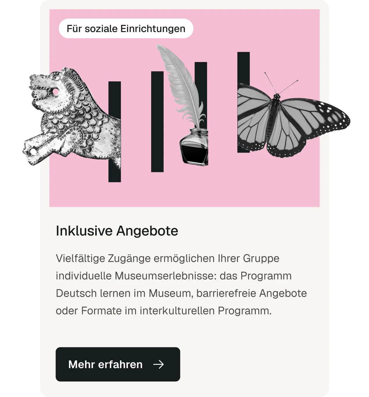 Kachel „Inklusive Angebote“ mit Löwe, Tintenfass und Schmetterling auf Rosa