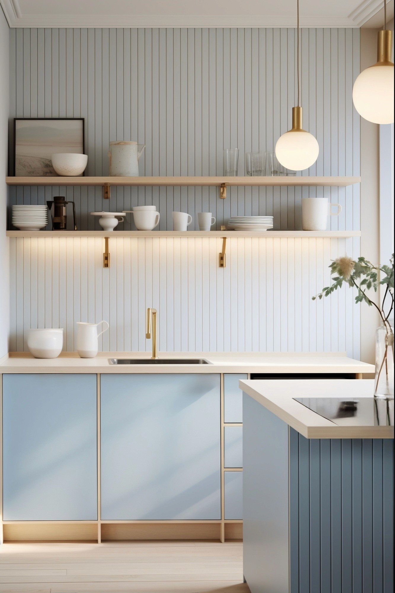 A two-tone kitchen featuring blue lower cabinets and light wood upper cabinets