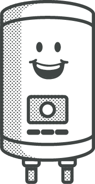 Cartoon water heater with a happy face, digital display, and controls.